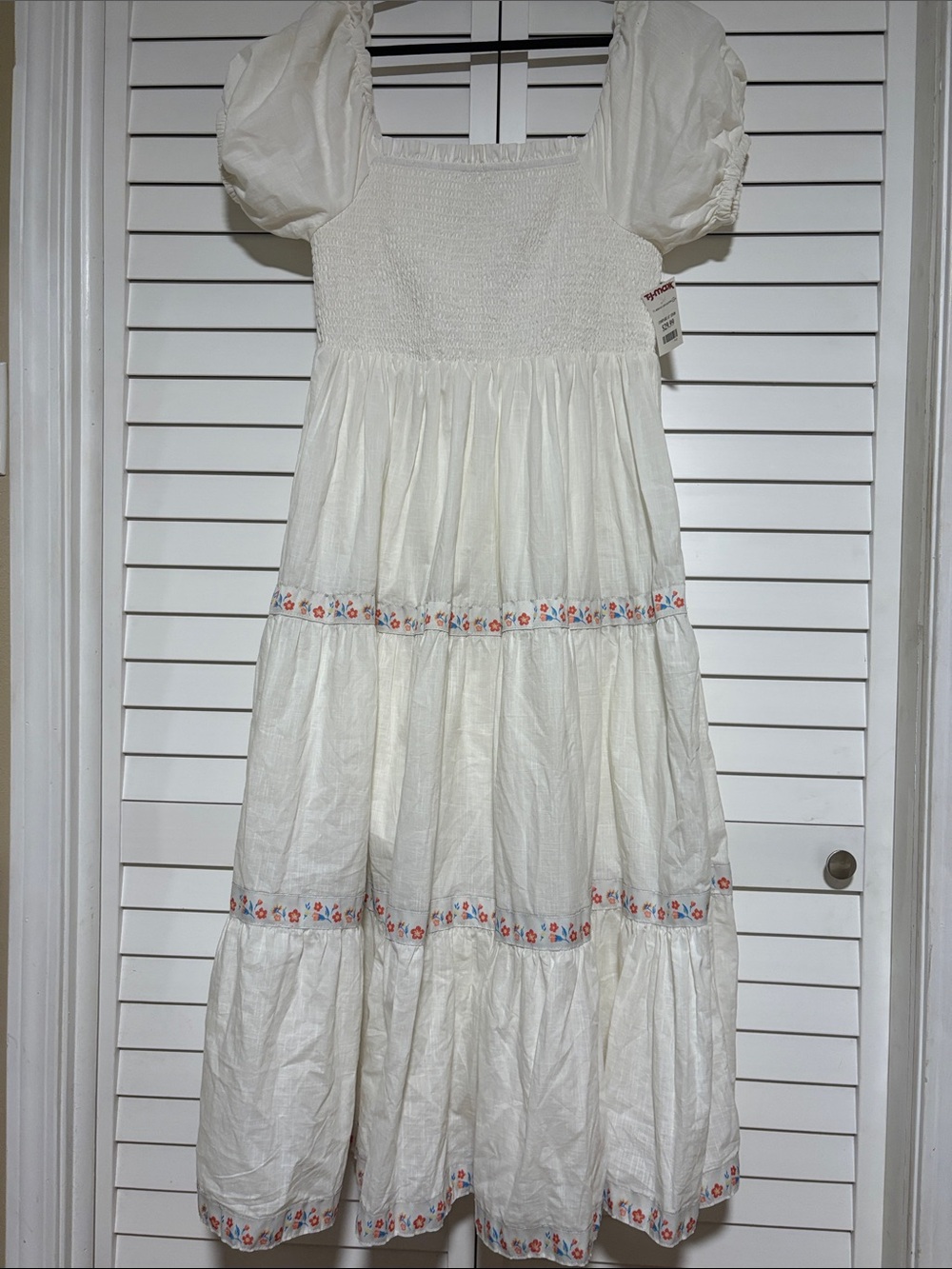 White Puff Sleeve Tiered Dress with Floral Trim